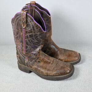 Women’s Cowboy Boots Brown Leather Western Boots Purple Stitch Size 8.5
